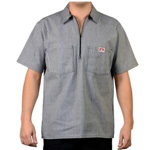 Ben Davis Hickory Stripe Short Sleeve 1/2 Zip Vintage Shirt Blue White Mens XL